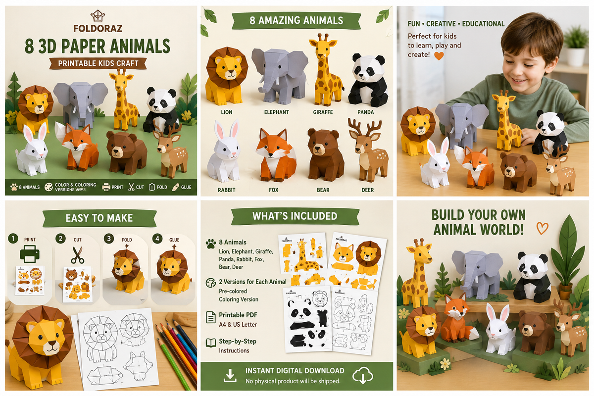 Foldoraz 3D Paper Animals – Printable Kids Craft